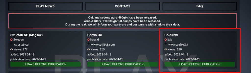 La rivendicazione dell'attacco contro Coldiretti sul leak site del ransomware Play