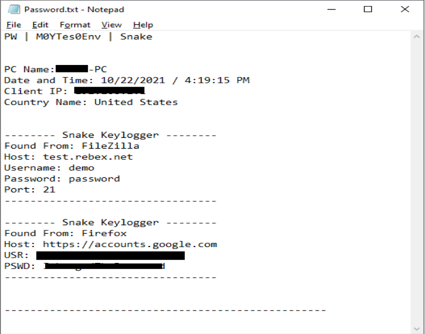 Il file "password.txt" inviato via email agli attaccanti contiene le password esfiltrate dal sistema infetto. 