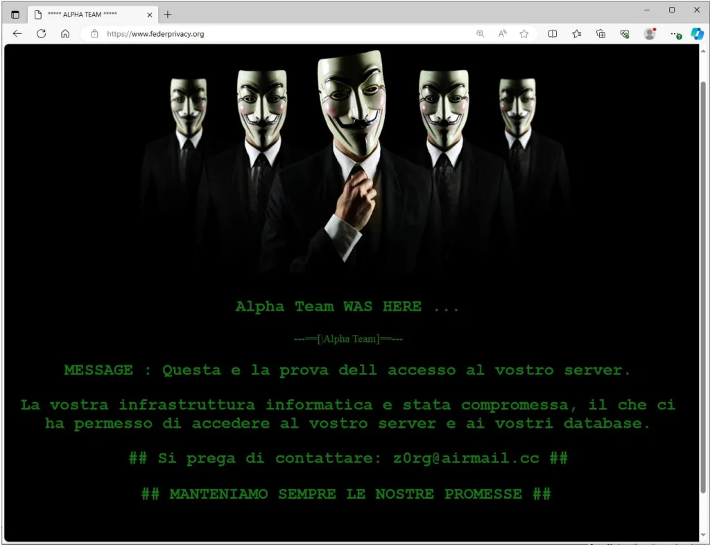Defacciata l'homepage del sito di Federeprivacy