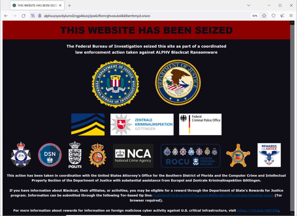 Il banner di sequestro comparso sul leak site Tor del ransomware Blackcat