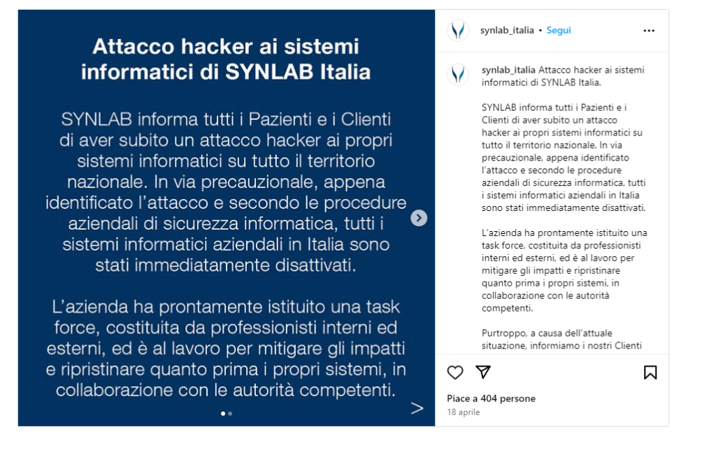 Annuncio pubblicato da Synlab Italia sul proprio account Instragram in seguito all'attacco informatico