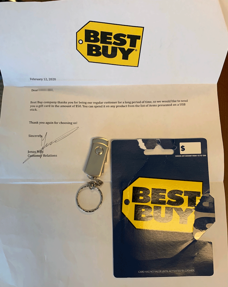 Lettera di Best Buy con USB contenente malware.