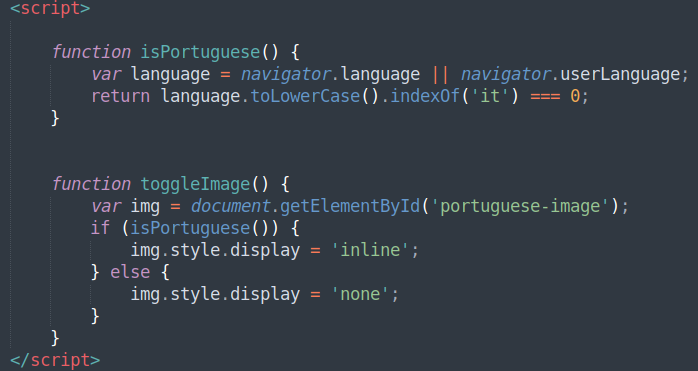 Codice JavaScript che verifica la lingua impostata sul browser in cui è stato aperto