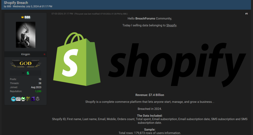 Post di "888" che ha messo i dati Shopify in vendita