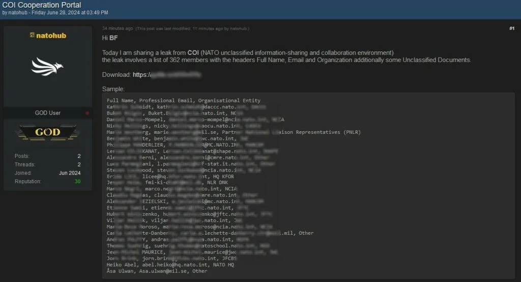 Messagio di natohub pubblicato sul forum Breach Forums