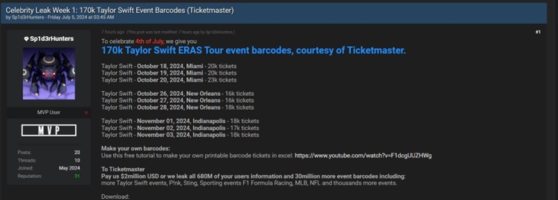 Barcode concerti Taylor Swift in vendita sul BreachForums