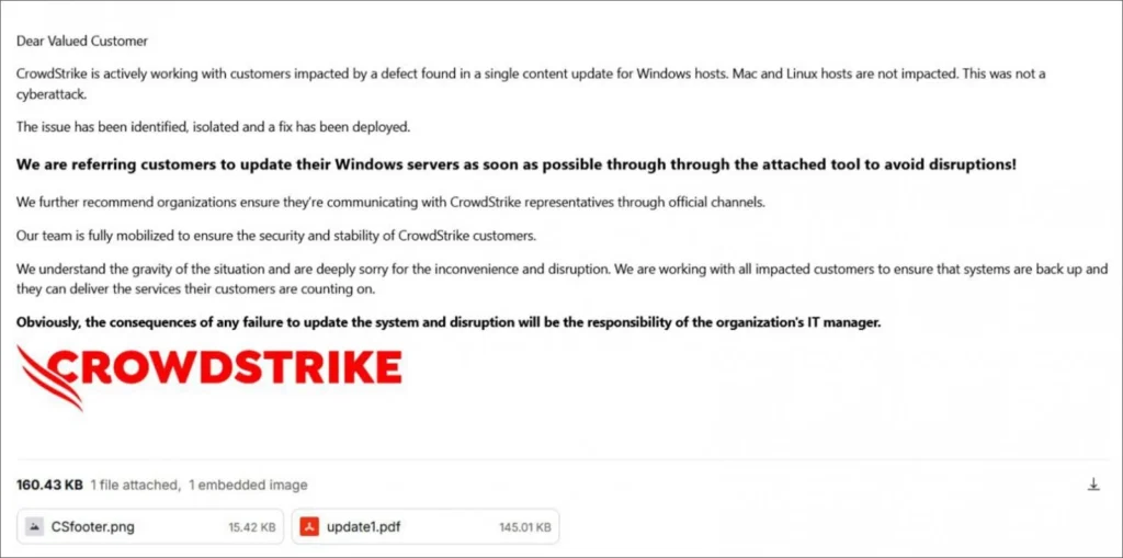 La mail che distribuiva l'aggiornamento fake di CrowdStrike