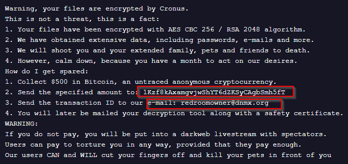 La nota di riscatto del ransomware Cronus