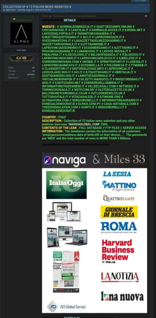 Il post di Alpha Team su Breach Forum. 