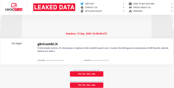 Rivendicazione dell'attacco a GB Ricambi da parte di Lockbit 3.0