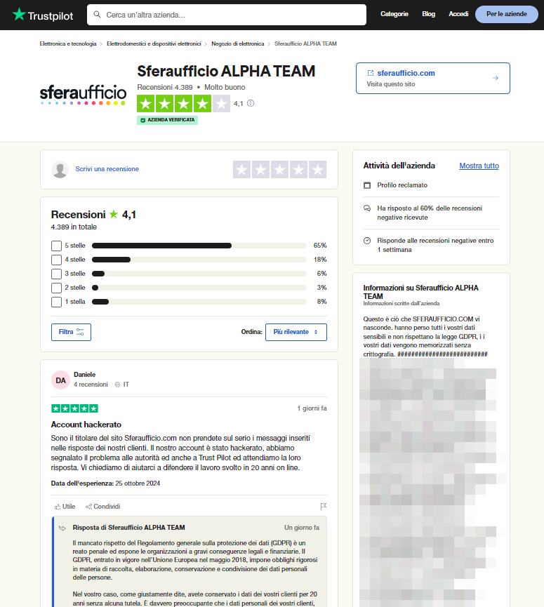 Data breach a sferaufficio.com: la pagina Trustpilot hackerata