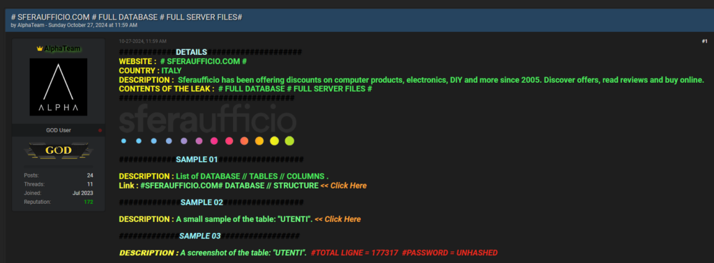 Data breach a sferaufficio.com: il post che mette in vendita il database.