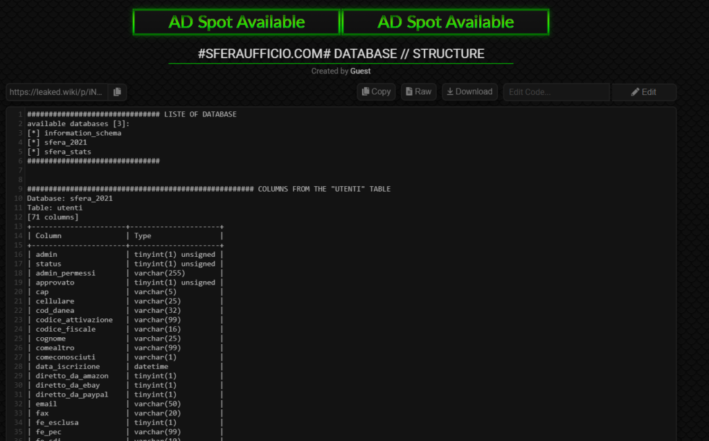 Data breach a sferaufficio.com: la struttura del database 